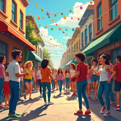 Realistic artwork cartoon scene of an street party