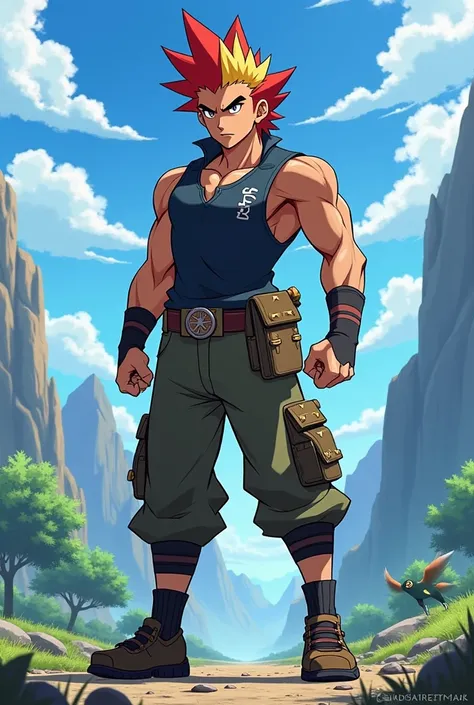 Create an image of a male pokemon trainer. Named leon. He should have hairs like kai hiwatari from bayblade