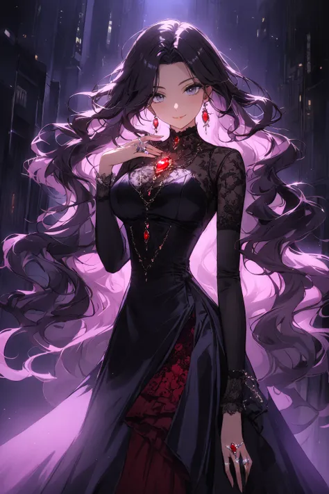 (masterpiece:1.3), best quality, very aesthetic, absurdres, cinematic lighting, perfect anatomy, 1 girl, standard height, 

looking at the viewer, elegant and dangerous aura, smile, busty, (black long wavy hair), grey eyes, long eyelashes, full make-up, bl...