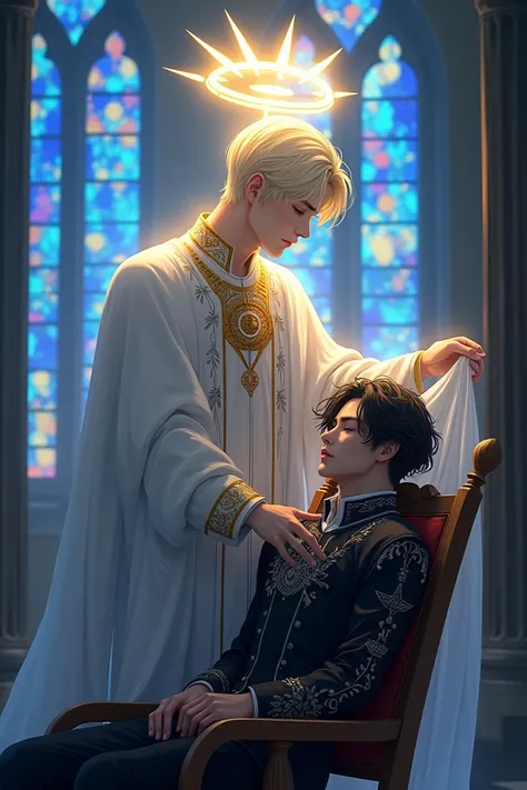 Create an imageI envision a striking artwork featuring two male characters in a mystical, ethereal setting. The scene is set in a blue-lit church with vibrant, colorful stained glass windows, casting intricate patterns of light and shadow across the space,...