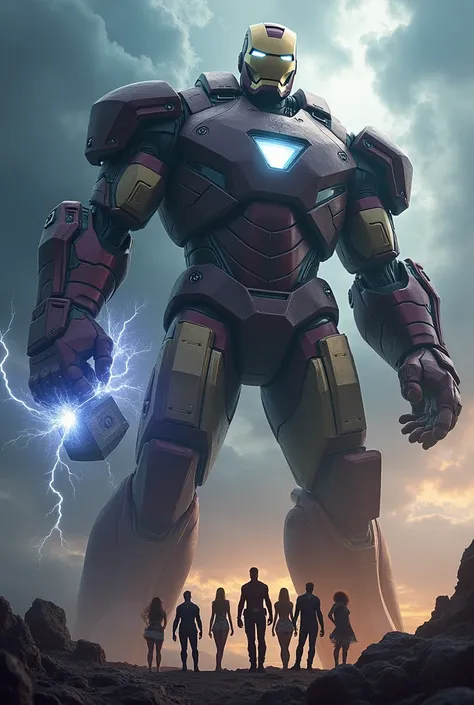 
A create Iron man as giant Look like mountain with hammer Protecting avengers
