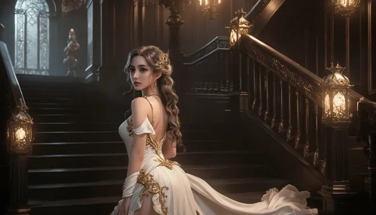 arafed woman in a white dress standing on a staircase, fantasy art, rococo, by Lü Ji, elegant cinematic fantasy art, cgsociety 9, unreal engine render + a goddess, beautiful and elegant female elf, elegant glamourous cosplay