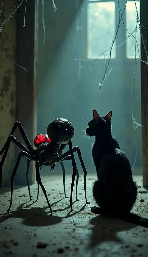 A black widow spider with a red hourglass on its back, creeping toward a black cat with glowing green eyes and arched back. The room is dimly lit, with cobwebs in the corners