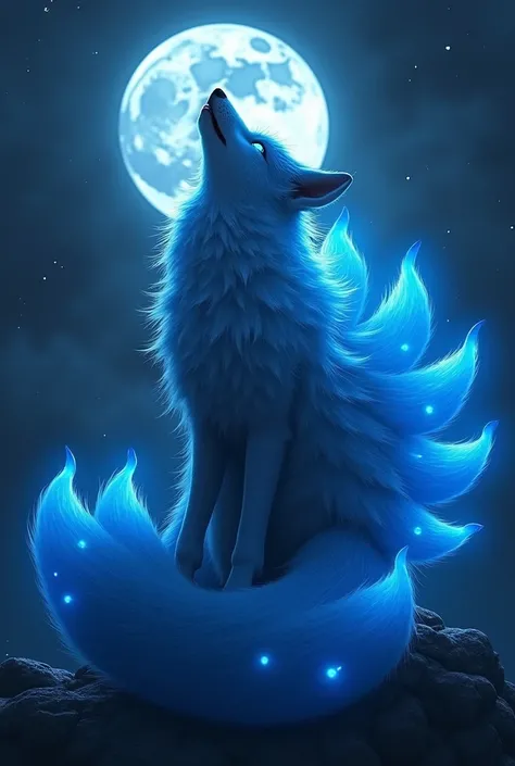 A male fox with 9 tail and blue glowing eyes in it and make it dark blue make sure that it howling at the moon