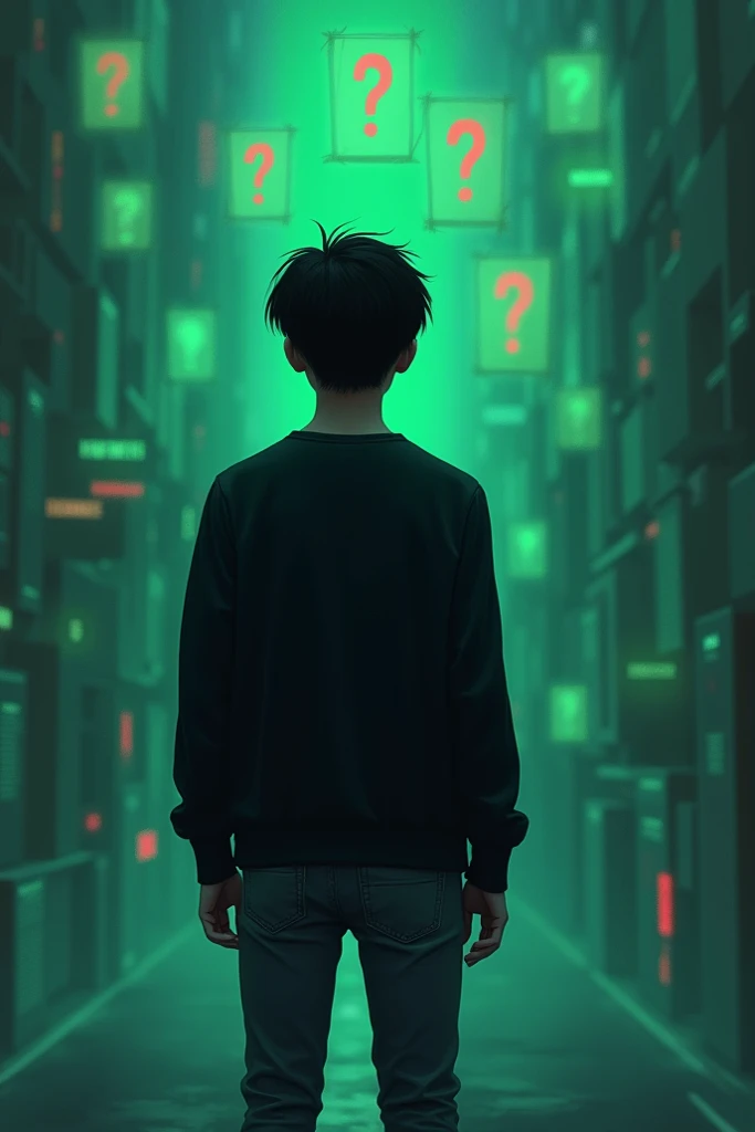 Korean boy, high school student. He has black hair, he is handsome. He is tall, he is wearing jeans and a black sweatshirt. He is standing with his back to you, you cant see his face. Above it there are question marks and various messages with sad content....