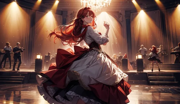 A red-haired girl dancing on a fancy stage