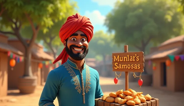 In a serene, sun-drenched small village, surrounded by lush green trees and rustic mud-huts, Ramlal, a 30-year-old samosa vendor, stands proudly in the center, wearing a vibrant blue kurta with intricate white embroidery, paired with a majestic red turban ...