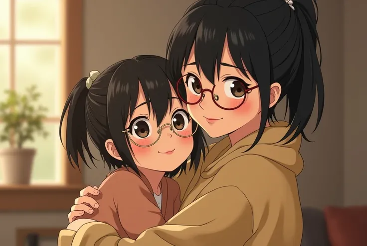 Ghibli style，Warm picture， a girl wearing glasses with black hair tied to a ponytail，Smiling face ， holding a short-haired mother 