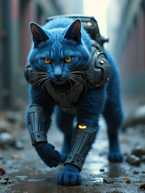 A blue combat cat in a combat suit