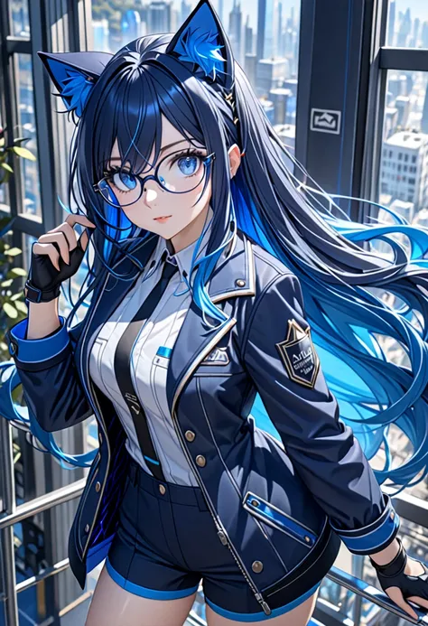 8K Ultra High-Quality, ultra-detailed, High quality, dark blue hair, Blue inner layer hair, blue eyes, long hair, Cat ears, glasses, gloves, partially fingerless gloves, jacket, shorts, close up, full body
