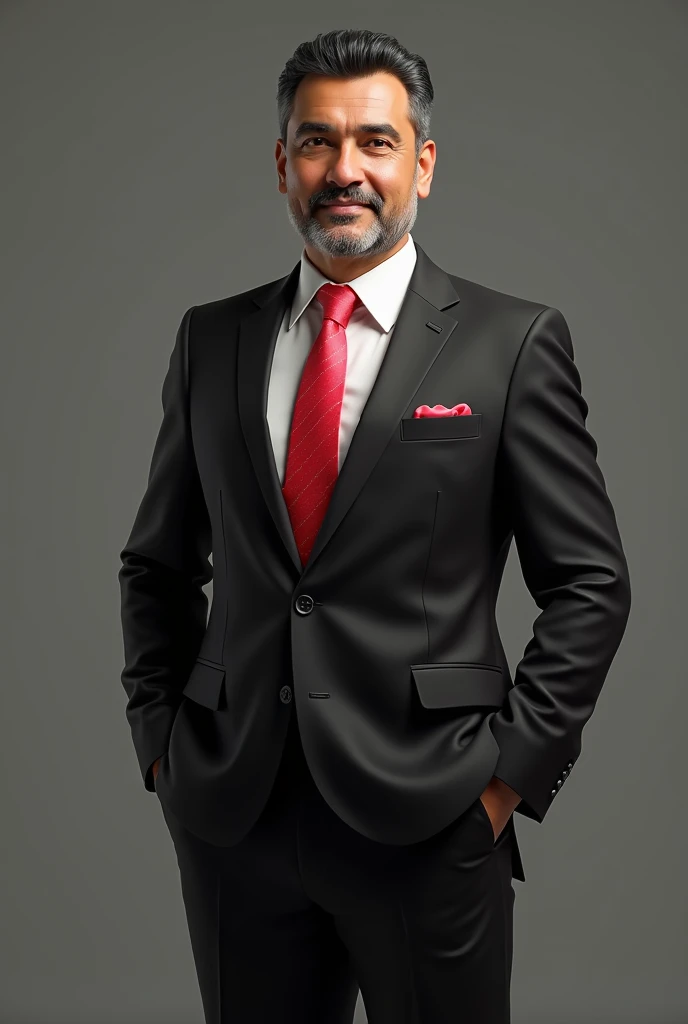 "3D-rendered image of the businessman in his early 50s, wearing a black suit with a red tie, standing next to a glowing Forbes cover with the headline Nepal’s First Billionaire. A proud yet humble expression reflects his milestone achievement."