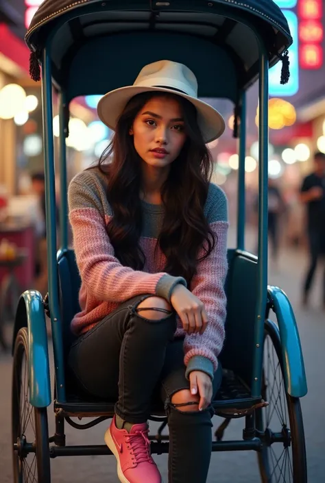  a beautiful indonesian woman,  age 20 years old Blackish brown hair ,  shiny brown eyes clean ,  handsome with brown to black hair ,  wearing a white beach hat , pink garadasi grey knit sweeter,  ripped black jeans ,  pink nike shoes ,  x} He is sitting i...