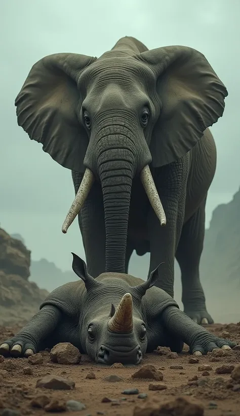 A dead bingal rhino is lying on the ground and a prehistoric woolly elephant is stan ding with one foot on top of the rhino . Rhino  face was injured