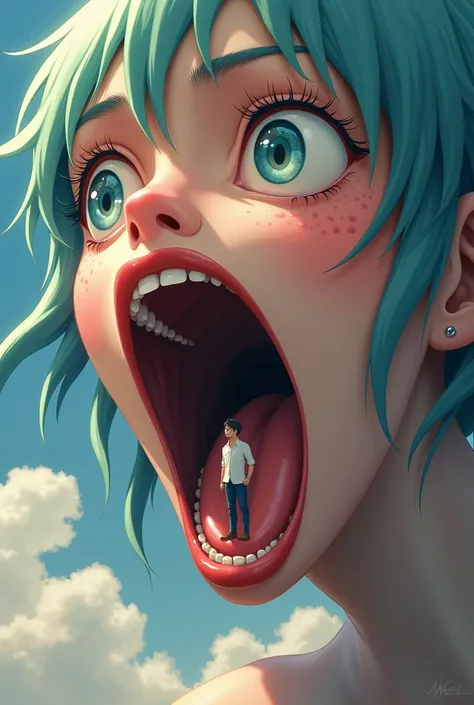 Anime style giantess open mouth wide small man inside her mouth