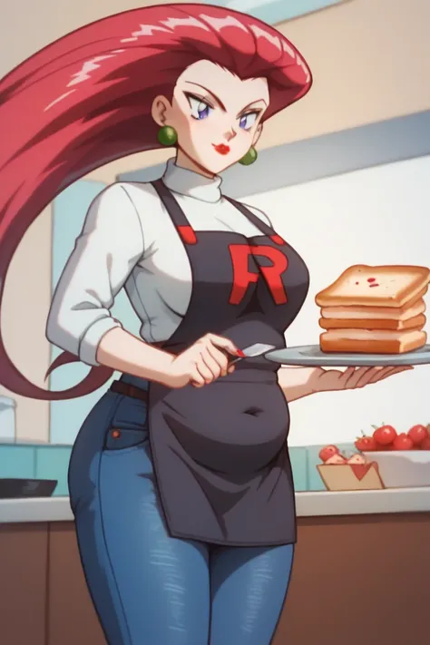 PM jessie, red hair, ponytailhair, red lipstick, blue eyes, earrings, wear a black coloured cafeteria worker apron, form fitting long apron, wear a tight sweater,( wear a wide fit jeans), standing on a counter, give you a toast, gained some weight, slightl...