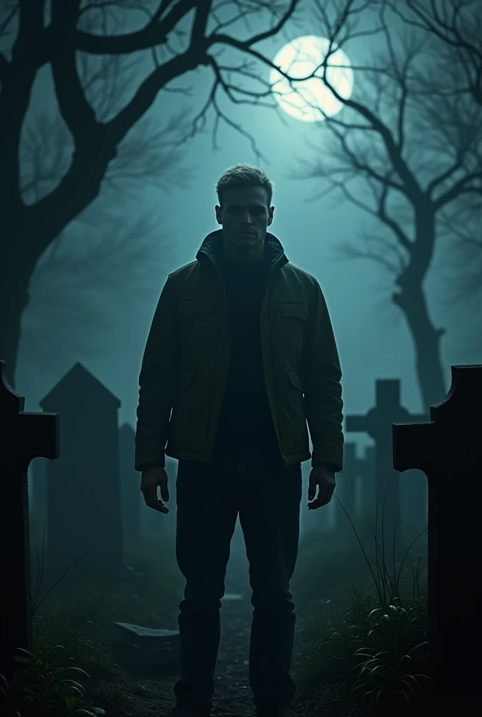 A 50 year old man starring at camera in a night scene horror graveyard. His face is faint. Wearing a jacket