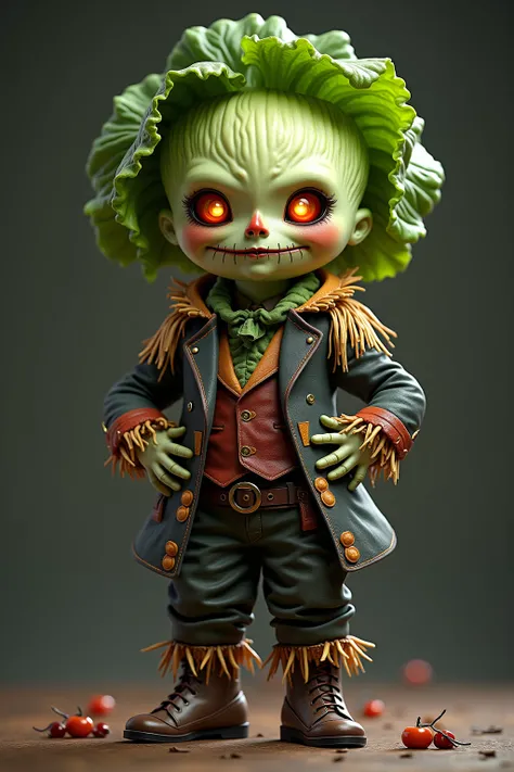 generate images of kawaii chibi character of (lettuce head) zany scarecrow with a horror fantasy theme,(hands on hips:1.5), clothes must be highly intricate steampunk style , elegant, and visually striking, highly detailed leather boots, resembling digital...