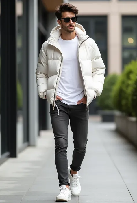 Charcol jeans white shoes white t shirt white 
close puffer jacket for men 