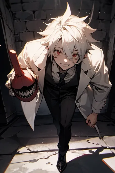  Mad Scientist、male、 Im thin、Tall body、Crazy Smile、Grin、excited、 Bloody Basement 、Horror、grotesque、Cold Dark Atmosphere 、shadow