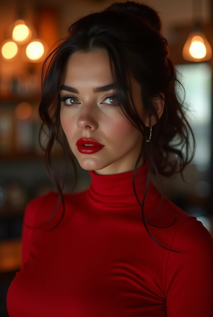 photo of extremely sexy (jg_Ashleyresch:0.99), a woman as a sexy student, closeup retrato upsweep updo, (red fitted turtleneck long sleeve blouse), in a cantina bar (work of art:1.5) (photorrealistic:1.1) (bokeh) (best qualityer) (Detailed texture skin, po...