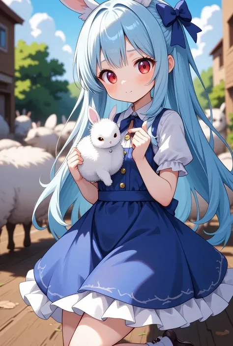 ( best quality, very detailed depiction, incredible high resolution),Rural Scenery:2.0, 1 girl ,(Chibi,cute, smaller,Blue Hair, very long hair,bangs,( Fluffy White Rabbit),Bunny ears,Red eyes,Big Eyes, Beautiful Sparkling Eyes , white skin,Big hair ribbon,...