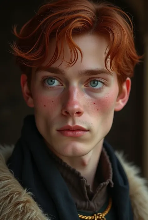 Photo of a european medieval  male, dark red hair, highly detailed face with soft features, detailed light blue eyes, head shot,