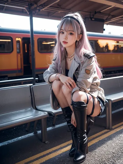 artworks，ultra high resolution，8K resolution，Accurate facial features with depth of field，is a perfect face，girl，the only person，ssmile，Long gray hair，with pink hair，crossed bangs，shairband，bangle，collars，hoop earings，aviator sunglasses bomber jacket，red f...