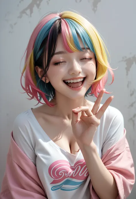 (japanese girl,16yo,(wavy-short hair),eyebrows),(((multicolor hair))), (((happy laughing, closed eyes, gestures hand))), ((perfect expression)), wearing pastel colorstyle cropped tee with stylish printed jacket(oversized) and various shorts, breasts,cleava...