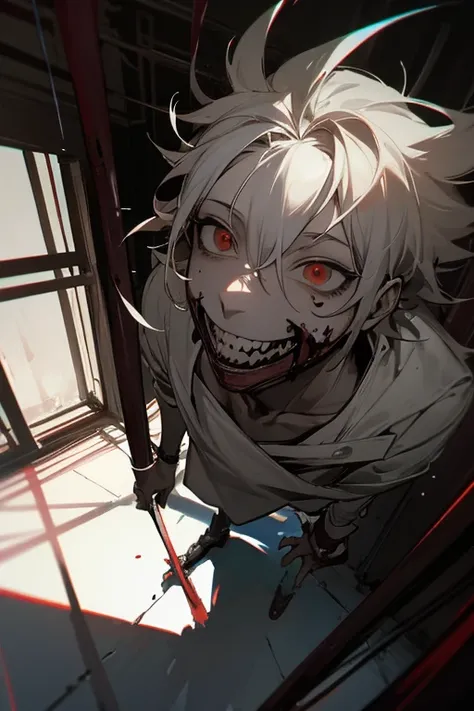  Mad Scientist、male、 Im thin、Tall body、Crazy Smile、Grin、excited、White、Experimental equipment、 Bloody Basement 、Horror、grotesque、Cold Dark Atmosphere 、shadow