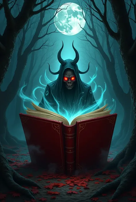 One red magical book evil spirit coming out of from inside in forest at night 