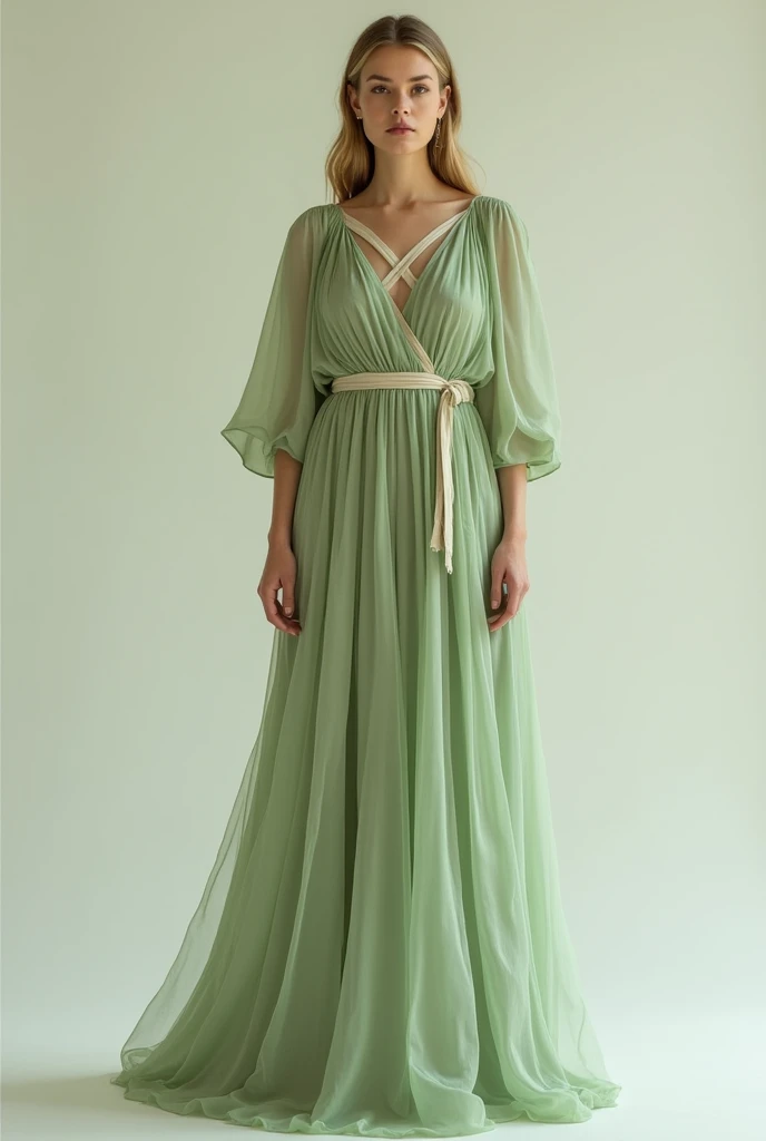 Long dress with the chest model with crossed fabrics and straight neckline,  the natural sash ,  and 3 / 4 sleeves with not so tight . 
 Color between light olive and mint green .