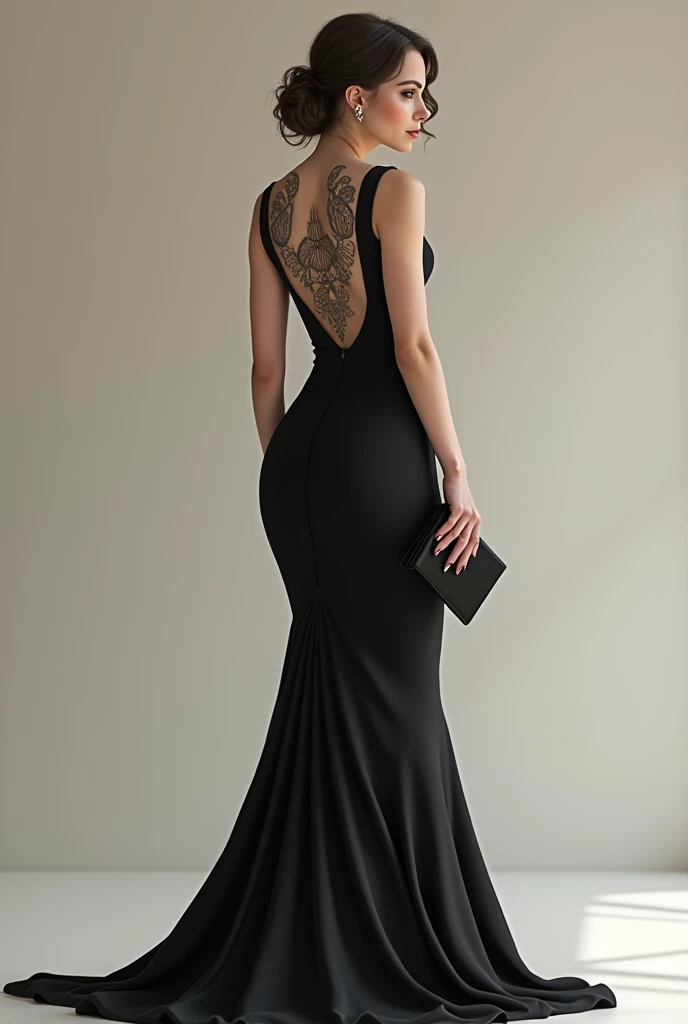 A woman in a black dress that hugged her curves in all the right places. The neckline was high, but the back was low, showing off her toned back and the intricate pattern of her armor tattoos. Her ash-brown hair was styled elegantly, and she wore minimal m...