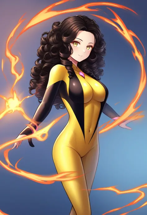 Magic Prompt: A captivating scene featuring a young black woman with striking yellow eyes, her long, fiery red and black curly hair cascading down her back. She stands as a powerful superheroine, adorned in a vibrant yellow bodysuit with a plunging necklin...