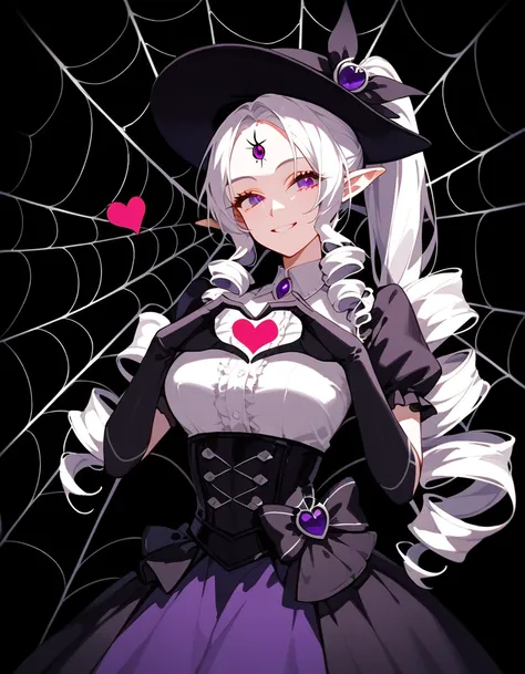 girl,White hair, long hair, ponytail,drill hair, in purple eyes,Pointed ears,Black Idol , Medium Chest,smile,Wear a skirt, Tall,Spider web, wear gloves,dress, black background,Dark circles under the eyes,Put on a hat,milf, heart hand Post