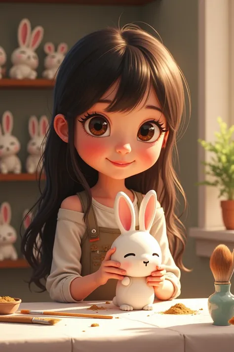 Age:  A young girl , . Pixar style. Hair:  dark brown hair , long and generally loose and wavy . eyes: big and expressive, with a touch of innocence,  sweet smile. Height: short stature. clothes:  White shirt with bare shoulders with an apron soiled with p...