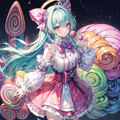 A girl, rainbow color hair, ((Holding a big candy in my hand:1.3)), ((Candy Country:1.3)), night,