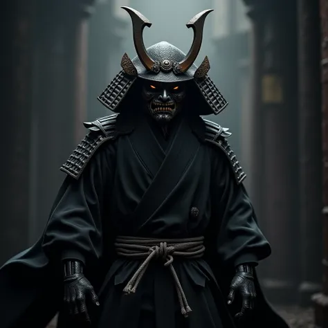 Draw me a Japanese demon Yokai,  as described in legends, black color, wearing a samurai mask and with a katana  