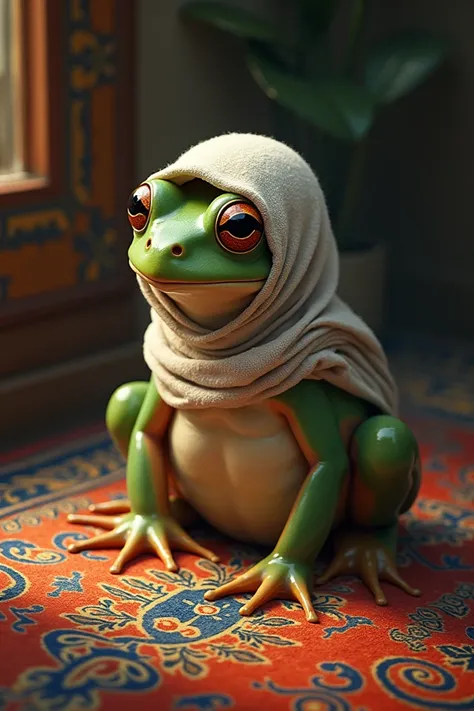 A frog with a hijab on an Iranian carpet