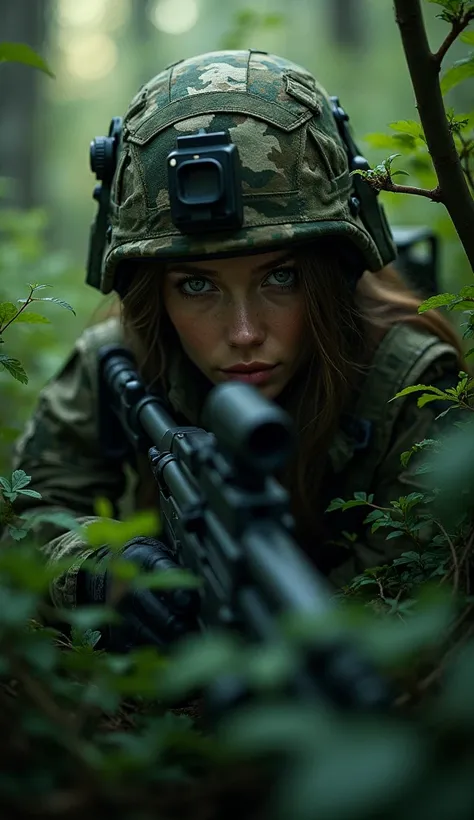 A highly detailed and realistic depiction of a beautiful female soldier concealing herself in a dense forest. She is crouched low behind thick underbrush, her camouflage blending seamlessly with the surrounding foliage. The forest is dimly lit, with soft r...