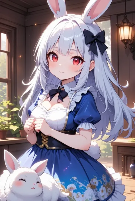 ( best quality, very detailed depiction, incredible high resolution),Rural Scenery:2.0, 1 girl ,(Chibi,cute, smaller,Blue Hair, very long hair,bangs,( Fluffy White Rabbit),Bunny ears,Red eyes,Big Eyes, Beautiful Sparkling Eyes , white skin,Big hair ribbon,...