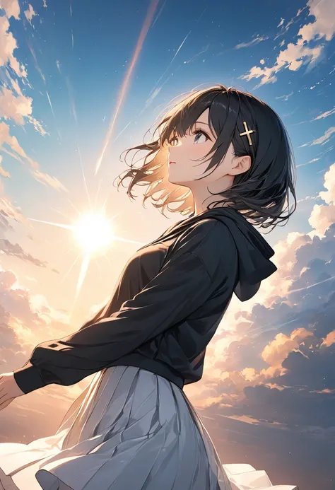 Anime、((Surprisingly bizarre )),(masterpiece:1.2),超 high definition ,  Attention to detail,  High Quality ,  high definition , 最 High Quality , 4K, 8k、 girl raising her hand to the sky、Girl Staring at the Sky 、 is dazzling、There are thin clouds、 the shinin...