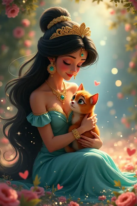 Disney princess jasmin with her pet gives sweet and tender company in glitter style 