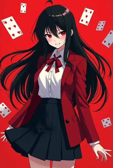 Anime woman evil smile red eyes long black hair straight black skirt planks white blouse red jacket (  school uniform ) black shoes with playing cards pastel red background  