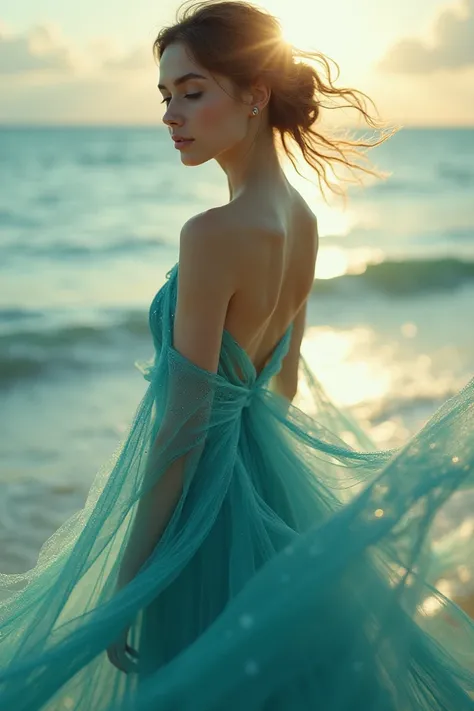 A woman with a dress with a color of ocean and on the back of the dress a sun reflecting 