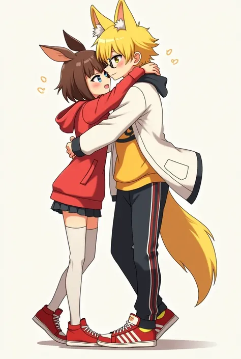 Young teenage girl with capybara ears with huge breasts extremely shy blushing short-haired brunette bangs blue eyes with a red sweatshirt thigh-length socks and red all-stars sneakers next to 
a yellow-haired young man with yellow fox ears with 2 yellow t...