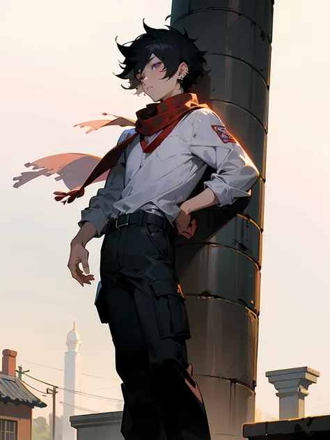 1male, Spiked Messy Black Hair, Somber expression, Purple Eyes , White  Longsleeve Shirt ,Ear Piercings, Red Scarf, Teen Male, lean muscular build, black cargo pants, Standing Ontop of a pillar, perfect generation,Sunny Village Background , Detailed Backgr...