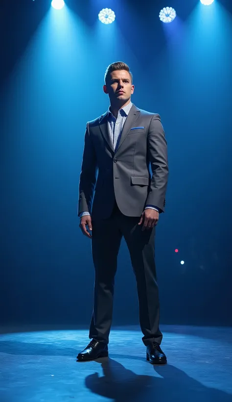 A man with light skin and short blond hair stands in the center of a "Got Talent"-style lit stage. He wears a sophisticated gray suit with discreet blue details. With a serious posture, he faces the audience in silence. The stage is illuminated by theatric...