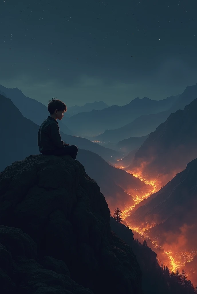 A boy sitting alone at night at top of the mountain seeing toward its valley which is at the bottom and on fire 