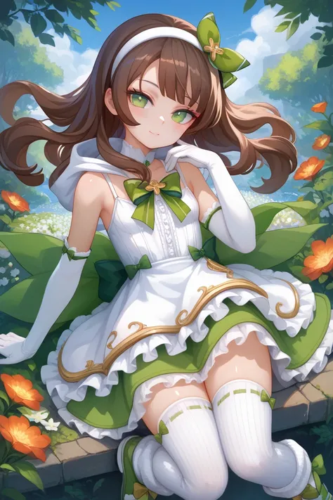 masterpiece,Ultra HD, 1girl, ((young)),solo, small, petite, green eyes, brown hair, bow_hairband, bow_legwear, dress ,elbow_gloves, flower, gloves, gold_trim, green_bow, green_dress, green_footwear , hairband, leg_warmers, long_hair,plant shoes , sleeveles...