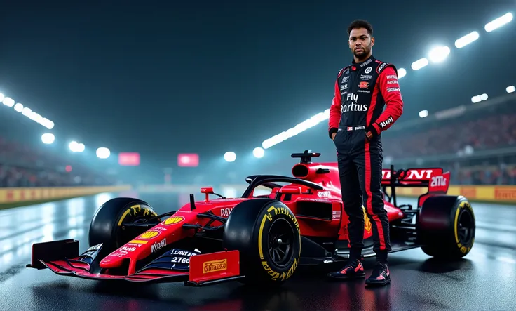 An F1 race driver standing confidently next to a sleek, modern Formula 1 car on a brightly lit race track at night. The driver is wearing a high-tech, custom-designed racing suit in bold colors, featuring detailed sponsor logos and a stylish helmet tucked ...